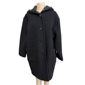 Vintage Black Wool Hooded Coat With Plaid Lining and Pockets, Fundraiser for Sus